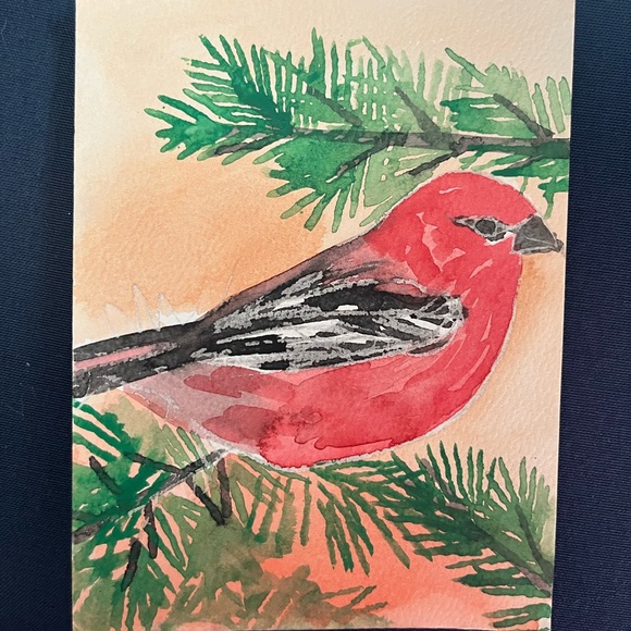 Red bird original art watercolor 5 by 7 sale - Picture 1 of 7